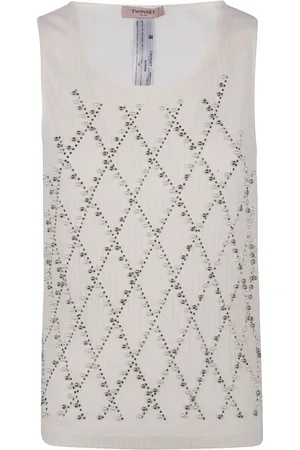 Twin-Set Top, Dame, Hvid, M, Hvid Ribstrikket Top med Diamantmønster