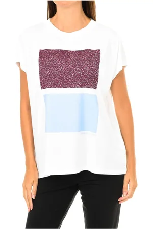 Calvin Klein Top, Dame, Flerfarvet, XS, Bomuld, Kortærmet T-shirt med Ribbet Rund Hals