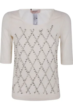 Twin-Set Top, Dame, Hvid, M, Hvid Diamantmønster Strik Skjorte