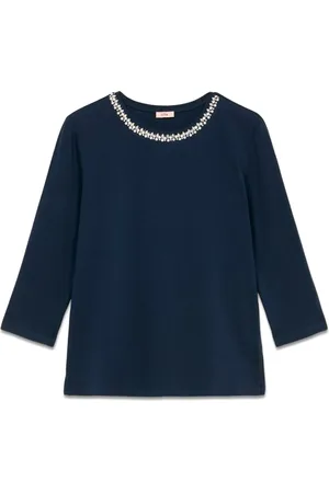 Oltre Top, Dame, Blå, M, Bomuld, T-shirt med lange ærmer og dekorativ broderi