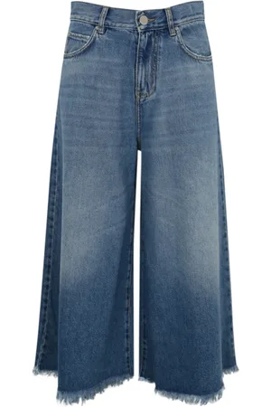 Pinko Jeans, Dame, Blå, W26, Denim, Denim Bermuda Jeans med Frynser