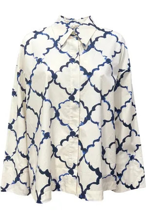 ODEEH Bluser & Skjorter, Dame, Flerfarvet, M, Bomuld, Mønstret Bluse med Spids Krave