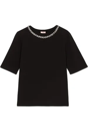 Oltre Top, Dame, Sort, M, Bomuld, T-shirt med juvelbroderi