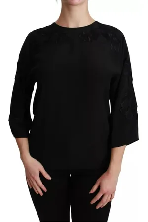 Dolce & Gabbana Bluser & Skjorter, Dame, Sort, L, Sort Blomstret Silkebroderet Bluse
