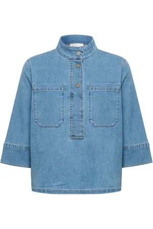 My Essential Wardrobe Bluser & Skjorter, Dame, Blå, M, Denim, Denim Bluse med 3/4 Ærmer og Lommer