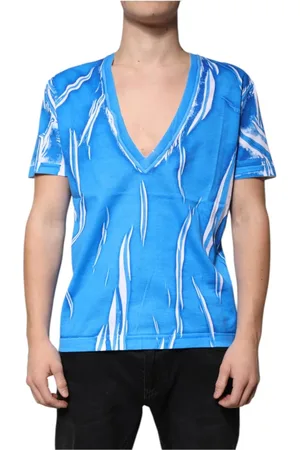 Dolce & Gabbana Top, Herre, Blå, L, Bomuld, Blå Mønstret V-hals T-shirt