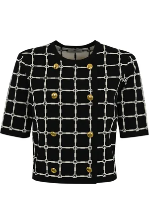Elisabetta Franchi Strik, Dame, Sort, XS, Jacquard Cardigan med 3/4 Ærmer
