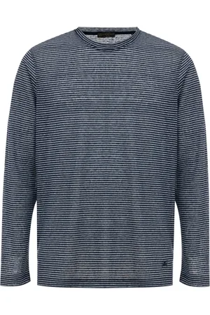corneliani Top, Herre, Blå, L, Linned, Blå Stribet Langærmet Linned T-shirt