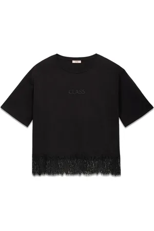 Oltre Top, Dame, Sort, S, Bomuld, T-shirt med blonder og bogstavapplikation