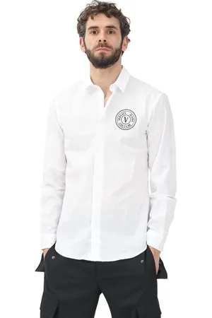 VERSACE Skjorte, Herre, Hvid, S, Bomuld, Hvid langærmet skjorte med V-emblem