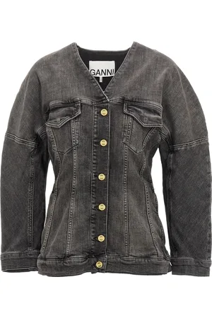 Ganni Jakke, Dame, Sort, XS, Denim, Sort Denim V-Hals Blazer Jakke