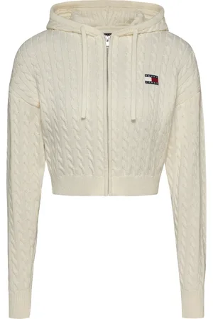 Tommy Hilfiger Sweathshirts & Hoodies, Dame, Hvid, L, Bomuld, Hvid Strikket Hættetrøje med Lynlås