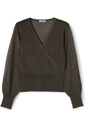 Motivi Strik, Dame, Grå, M, Polyester, Pullover med crossover og perforerede ærmer