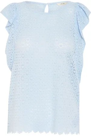 Cream Top, Dame, Blå, XS, Uld, Blå ærmeløs bluse med broderie anglaise