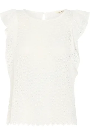 Cream Top, Dame, Hvid, XL, Ærmeløs Bluse med Broderie Anglaise