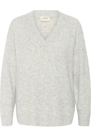 Cream Strik, Dame, Grå, XL, Uld, Grå Melange V-Neck Pullover Sweater