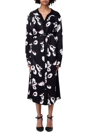 HUGO BOSS Kjole, Dame, Sort, XL, Blomstret midi-kjole med spids krave