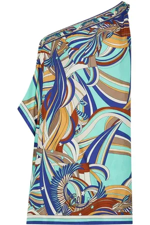 Camilla Kjole, Dame, Flerfarvet, S, Uld, Blå Geometrisk One Shoulder Kaftan