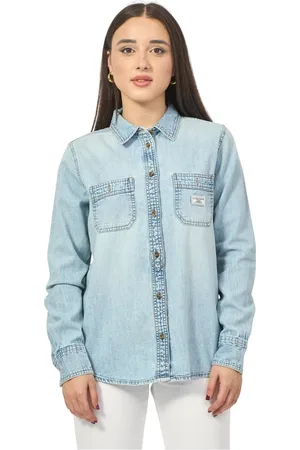 Guess Bluser & Skjorter, Dame, Blå, M, Denim, Blå Denim Skjorte med Klassisk Krave