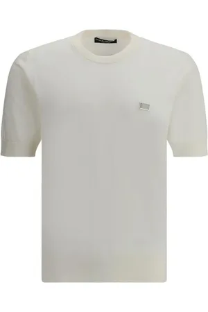 Dolce & Gabbana Top, Herre, Hvid, M, Bomuld, Ribbet Strik T-shirt med Monokrom Mønster