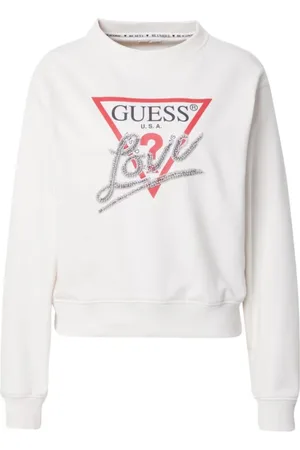 Guess Sweathshirts & Hoodies, Dame, Hvid, XS, Bomuld, Langærmet Creme Kærlighed Trekant Sweater