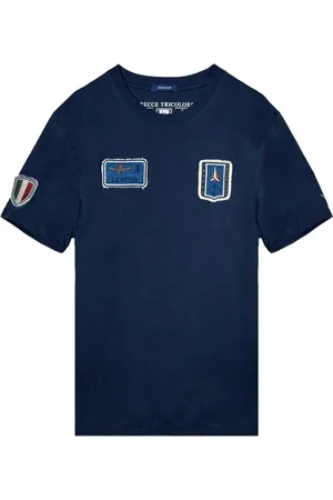 Aeronautica Militare Top, Herre, Blå, L, Denim, Vintage Tricolori Patch Denim T-shirt