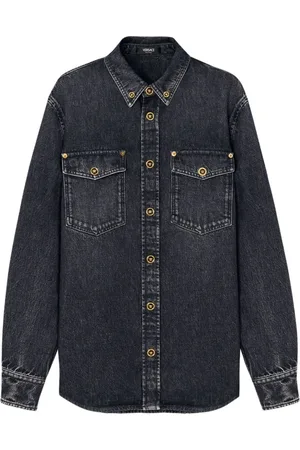 VERSACE Skjorte, Herre, Sort, S, Denim, Sort Denim Skjorte Medusa Hoved Knapper
