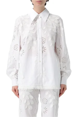 Alberta Ferretti Bluser & Skjorter, Dame, Hvid, 2XS, Blomstret Frynse Skjorte