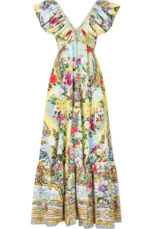 Camilla Kjole, Dame, Flerfarvet, XS/S, Bomuld, Frill Neck Kjole med Hardware - Flor Fantástica