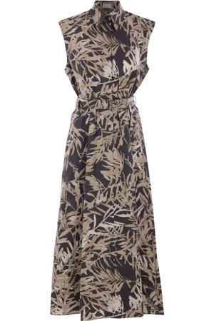 Brunello Cucinelli Kjole, Dame, Flerfarvet, M, Palm Leaf Midi Kjole