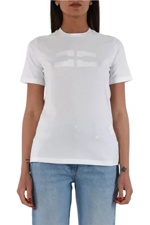 Elisabetta Franchi Top, Dame, Hvid, M, Bomuld, Broderet logo jersey T-shirt med rhinsten
