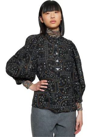 Antik Batik Bluser & Skjorter, Dame, Sort, S, Uld, Elie print bluse