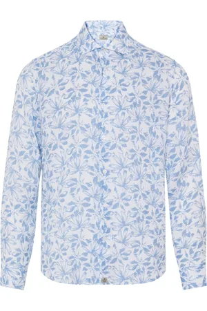 SONRISA Skjorte, Herre, Blå, L, Linned, Linnedblomsterskjorte Made in Italy