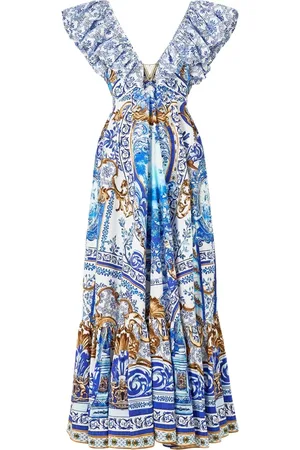 Camilla Kjole, Dame, Blå, XS/S, Bomuld, Frill Neck Kjole med Hardware - Azul Adventures