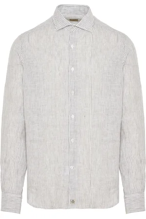 SONRISA Skjorte, Herre, Grøn, L, Linned, Stribet Linnedskjorte Made in Italy