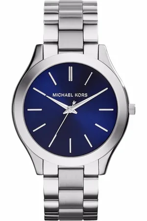 Michael Kors Tilbehør, Dame, Grå, ONE SIZE, Runway Slim Blå Urtavle Ur i Rustfrit Stål med Kvartsværk