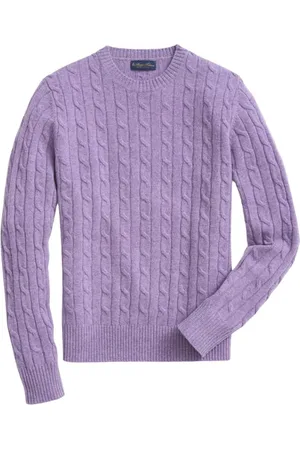 Brooks Brothers Strik, Herre, Lilla, XL, Sweater i lambswool med kabelmønster og rund hals
