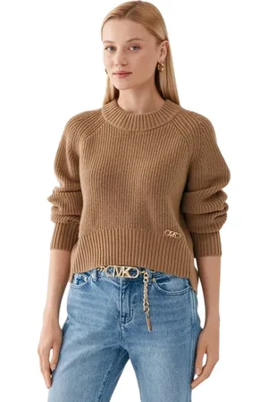 Michael Kors Strik, Dame, Brun, XS, Uld, Brun ribbet striktrøje