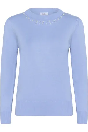 Saint Tropez Strik, Dame, Blå, XS, Hydrangea Strik Pullover med Perler