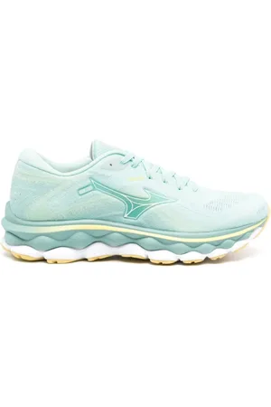 Mizuno Sko, Dame, Blå, 36 1/2 EU, Blå Strikkede Sneakers med Perforerede Detaljer