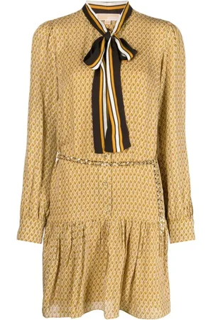 Michael Kors Kjole, Dame, Gul, L, Uld, Lattice Logo Bow Kjole
