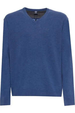 Sergio Tacchini Strik, Herre, Blå, M, Uld, V-Neck uld sweater med ribbede kanter