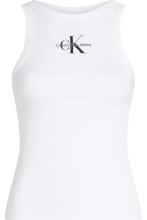 Calvin Klein Top, Dame, Hvid, XL, Bomuld, Ærmeløs Tank-Top med Bådhals og Print