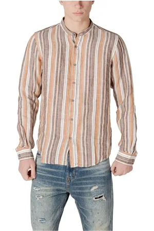 GIANNI LUPO Skjorte, Herre, Flerfarvet, M, Linned, Brun Stribet Linned Mandarin Krave Skjorte