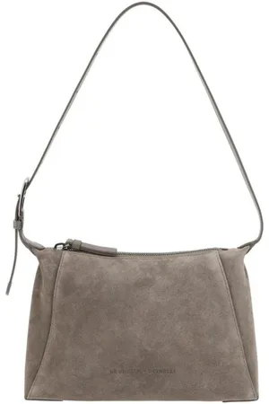 Brunello Cucinelli Taske, Dame, Brun, ONE SIZE, Uld, Suede Skuldertaske med Lynlåslukning