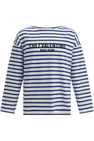 VALENTINO Top, Herre, Flerfarvet, L, Bomuld, Stribet bådhals T-shirt med ikonisk logo