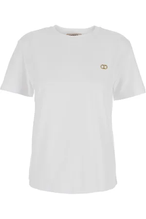 Twin-Set Top, Dame, Hvid, XS, Bomuld, Hvid T-shirt med metallisk logo plakette