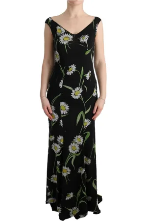 Dolce & Gabbana Kjole, Dame, Sort, S, Uld, Solblomst Print Maxi Kjole Ærmeløs V-hals