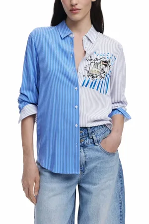 Desigual Bluser & Skjorter, Dame, Blå, XL, Uld, Blåt Trykt Button-Up Skjorte