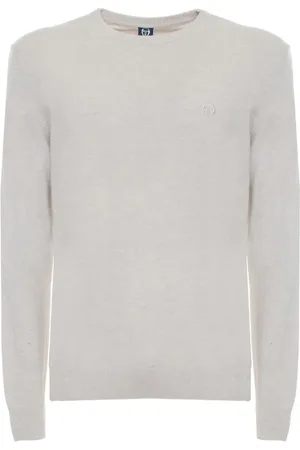 Sergio Tacchini Strik, Herre, Hvid, S, Uld, Uld Rund Hals Sweater med Ribbede Kanter og Synligt Logo